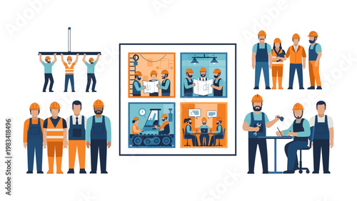 Construction Crew at Work: A collection of various construction workers performing their respective duties with precision and collaboration. A visual representation of construction site.