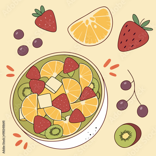 A bowl of fruit salad with strawberries and oranges