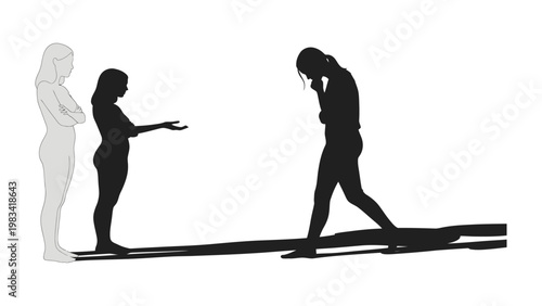 Shadowed Thoughts: A grayscale depiction of three figures portrays an emotional journey.