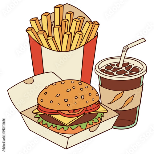 A burger with fries and a soft drink