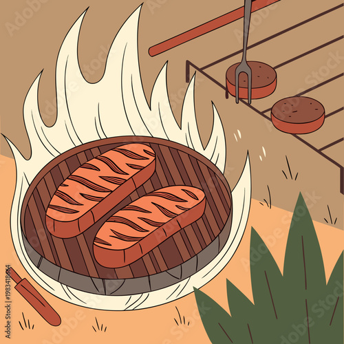 Grilled sausages on a barbecue grill with flames