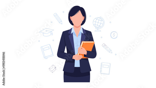 Educator in Focus: A dedicated female educator, holding a book, stands confidently amidst educational symbols, symbolizing knowledge and learning.
