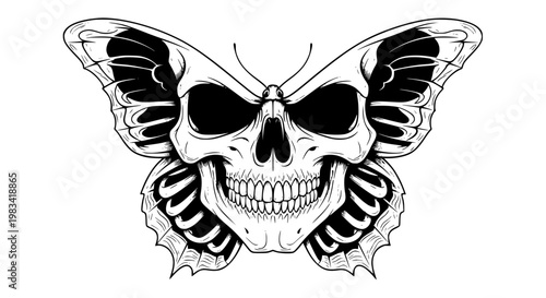 Butterfly skull vector illustration featuring a creative insect design with skeletal wing patterns for gothic clothing apparel prints, tattoo art projects, and dark digital graphic compositions.
