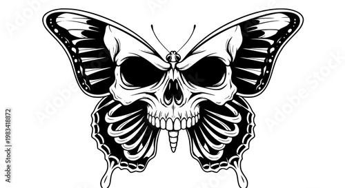Butterfly skull vector illustration featuring a creative gothic design with intricate insect wings combined with human bones isolated on a simple clean white background for print