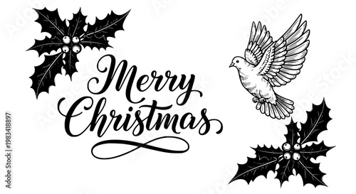 Merry Christmas Calligraphy Vector Illustration with Elegant Flying Dove and Vintage Holly Berries for Festive Greeting Card Design Element Graphic Art.