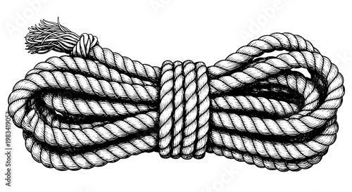 Rope coil illustration featuring a highly detailed nautical cord graphic design element isolated on white background for marine projects and industrial shipping supply concepts and themes.