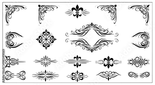 Collection of elegant vector decorative elements featuring ornate flourishes, dividers, and corner borders for classic graphic design projects and vintage illustrations on a white background.