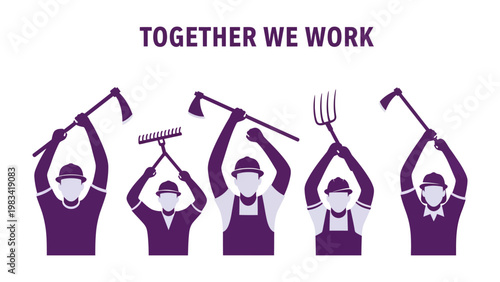Photos Unity in Labor: A visual ode to solidarity, where individuals, united in purpose, raise their tools in a shared commitment to teamwork and collaboration