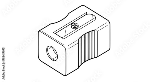 Pencil sharpener vector illustration featuring a simple monochrome line art design of a classic handheld sharpening tool isolated on a clean white background for office supplies.