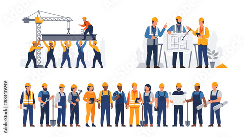 Construction Crew in Action: A dynamic illustration showing a construction crew at work, featuring diverse professionals in various stages of a building project, from planning to execution. 