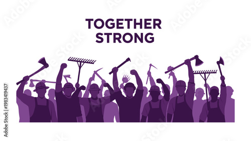 Strength in Unity: A group of determined laborers stand together, united in strength. silhouetted against a solid background, the image evokes a sense of solidarity and collective power.