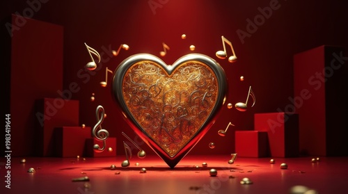 A golden heart floating in the center of a red stage surrounded by various floating music notes.