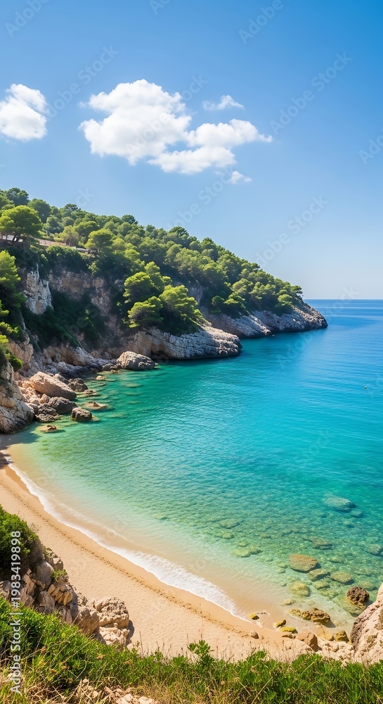 Fototapeta premium A serene beach scene with clear turquoise water, surrounded by lush greenery and rugged cliffs under a blue sky.