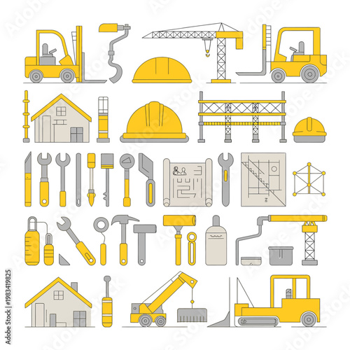 Construction Tool and Equipment Array: A vibrant array of construction tools and equipment showcases the essence of industry and craftsmanship, ready to bring architectural visions to life.