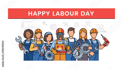 Labor Day Celebration: A diverse group of workers stands united, tools in hand, celebrating the achievements of Labor Day. Showcasing solidarity and the value of hard work.