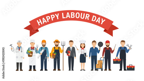 Celebration of Labor Day: A diverse and jubilant display of various professions united under the banner of Labor Day, symbolizing respect for every occupation.