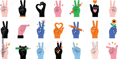 Vector illustration of diverse hand gestures including peace signs, hearts, and creative symbols in vibrant colors."