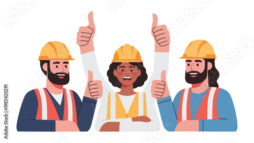 Construction Crew Approval: A united construction team gives the thumbs up. Capturing their confident spirit and collaboration. 