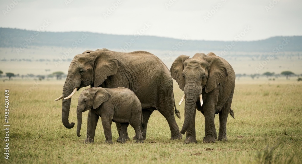 Obraz premium Three elephants, including a calf, stand in a savanna landscape