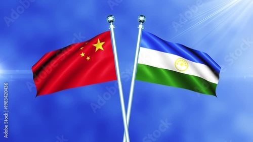 China and Bashkortostan Flag Waving On Pole Loop