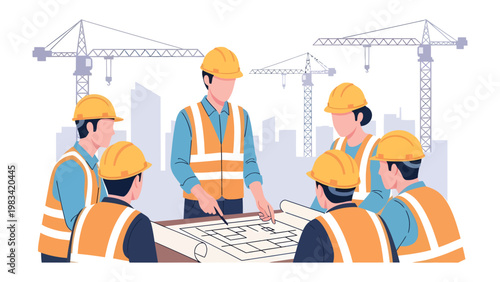Blueprint and Build: A team of construction workers gather around a blueprint, their faces illuminated by a shared vision of collaborative efforts. Symbolizing the planning phase of construction 