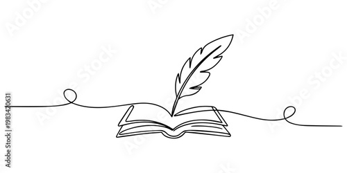 World Poetry Day. Abstract antique ink pen for writing and open book, continuous single one line art hand drawing sketch logo, One continuous line drawing of book, and quill pen on the office desk. 