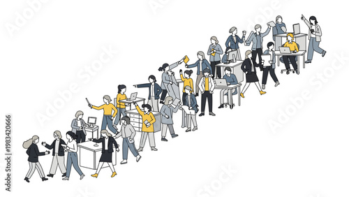 Office Dynamics: A dynamic illustration depicting a bustling office environment, filled with individuals engrossed in work, collaborative interactions, and focused productivity. 