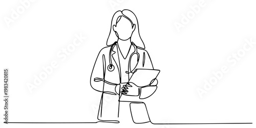 Continuous one line drawing of female doctor holding patient document. Doctor with uniform in single line draw illustration, woman doctor holding patient paper document with stethoscope. Single line.