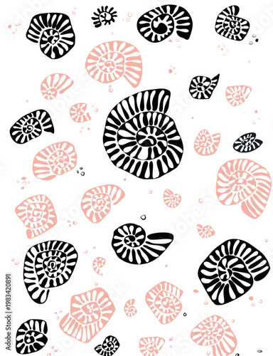 Nahtloses Ammoniten Muster in Schwarz Rosa