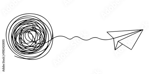 Paper Plane Journey from Chaos to Clarity - Minimalist One Line Art'Concept of Progress and Freedom, Symbol of confused mind and problems and support to untangle knot in simple linear style. Doodle. 