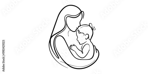 Mother Holding Baby Continuous Line Art Drawing Calm Portrait Minimalistic Style, Continuous line drawing of Mother holding and nursing newborn baby in a one line drawing style illustration woman on.