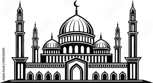Black and white silhouette of traditional arabic mosque with domes and minarets
