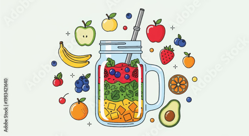 Fresh Fruit Smoothie in Mason Jar.