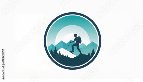 Hiker Trekking Through Mountains at Sunset.