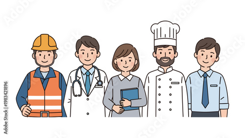 Diverse Professions United: A vibrant illustration showcasing individuals from various professions, united by their shared dedication to service, presented against a clean background.