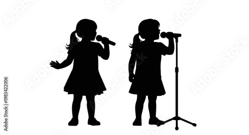 Silhouette of two girls singing with microphones.