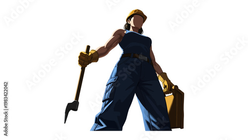 Confident Construction Worker: A strong construction worker, equipped with essential tools and dressed in work attire, ready to tackle a project, symbolizing empowerment and skill.