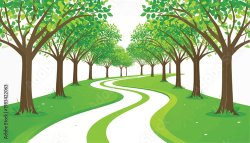 Winding Path Through Trees in Landscape Scene.