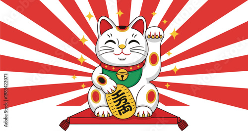 Maneki neko lucky cat with rising sun rays background Japanese fortune symbol vector illustration traditional design
