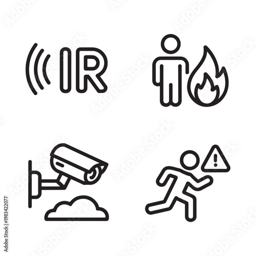 Security system icons illustrating infrared fire surveillance and emergency