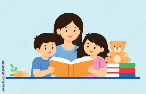 Story Time with Mother and Kids Flat Illustration Family Learning and Education Concept