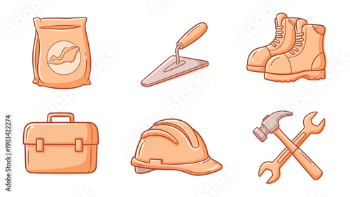 Construction Tools Icons: A set of essential construction tools, meticulously illustrated and ready for use in design projects. Representing elements used in building.