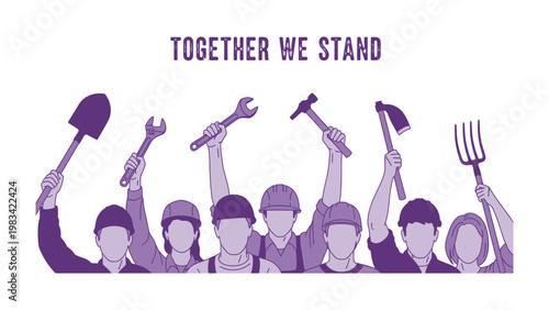 Unity in Labor: A united front of workers stands tall, raising tools high in a symbol of solidarity, representing the strength found in collaborative effort and shared purpose.