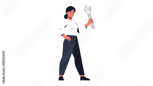 Confident Woman with Wrench: A strong and capable woman confidently holds a wrench, a symbol of skill, empowerment, and mechanical expertise. Her poised stance reflects self-assurance.