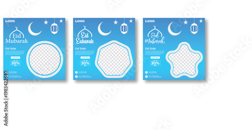 Eid mubarak social media post template set with light blue gradient background plus crescent moon stars lantern icons and geometric frames for product placement and special shopping promotion.
