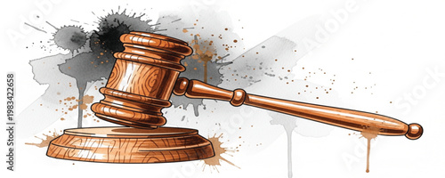 Wooden Judge Gavel Watercolor Illustration with Ink Splash Background Representing Justice, Law, Court Authority, Legal Decision Making, and Judicial System Concept Design