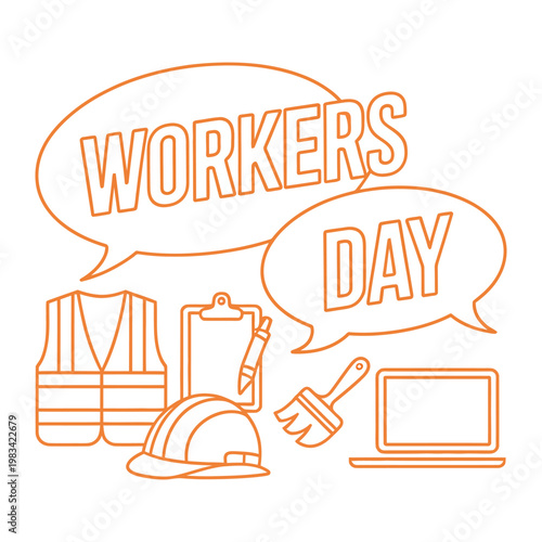 Workers' Day Illustration: A vibrant graphic for Labor Day celebration, features the tools of work: hard hat, safety vest, laptop, brush, and clipboard.