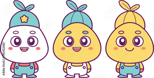 Three cute cartoon characters in overalls and caps on a white background