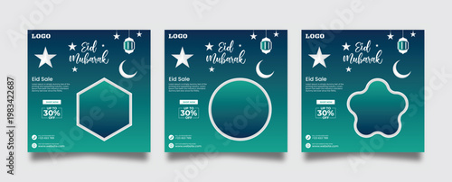 Dark teal and green gradient eid mubarak social media post collection featuring white celestial bodies and lantern silhouettes alongside decorative geometric frames for retail sale promotions.