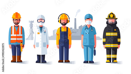 Professionals in Uniform: A diverse group of essential workers, each donned in their unique uniforms representing their critical roles within society.